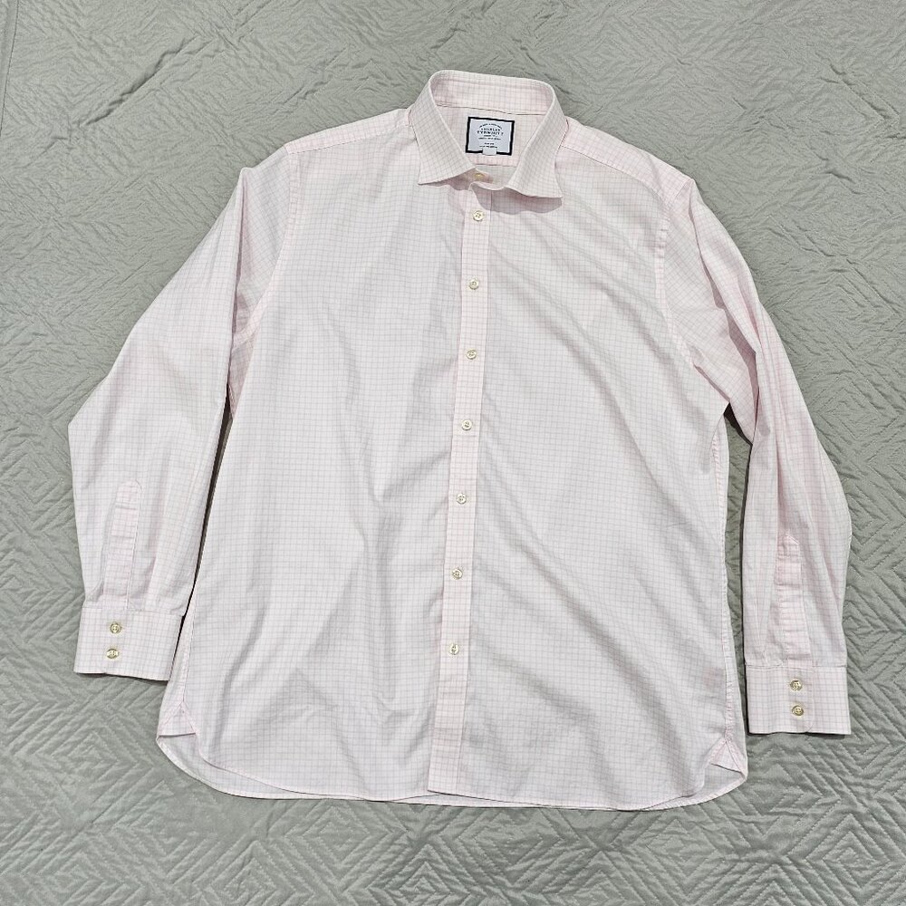 Charles Tyrwhitt Shirt Mens 18/27 Pink Long Sleeve Plaid Button Up Slim Fit